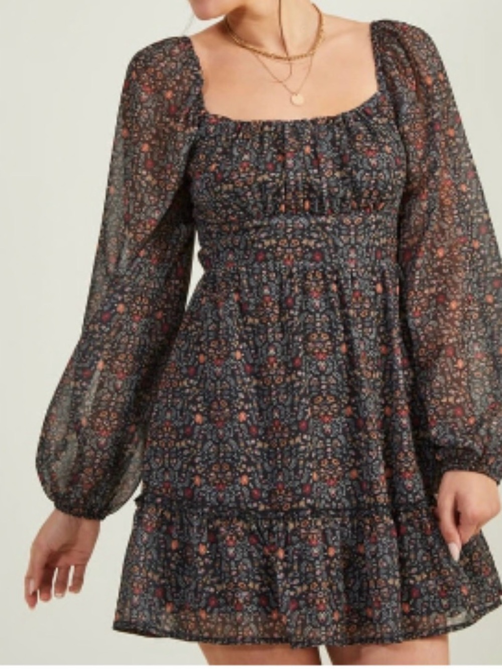 Altar'd State Navy Floral Square-Neck Long Sleeve Mini Dress